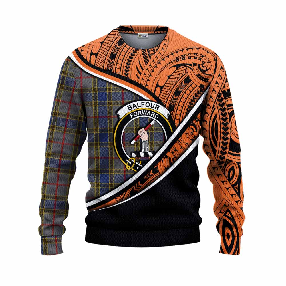 Tartan Vibes Clothing Balfour Crest Tartan Knitted Sweater with Maori Tattoo Style - Orange Version