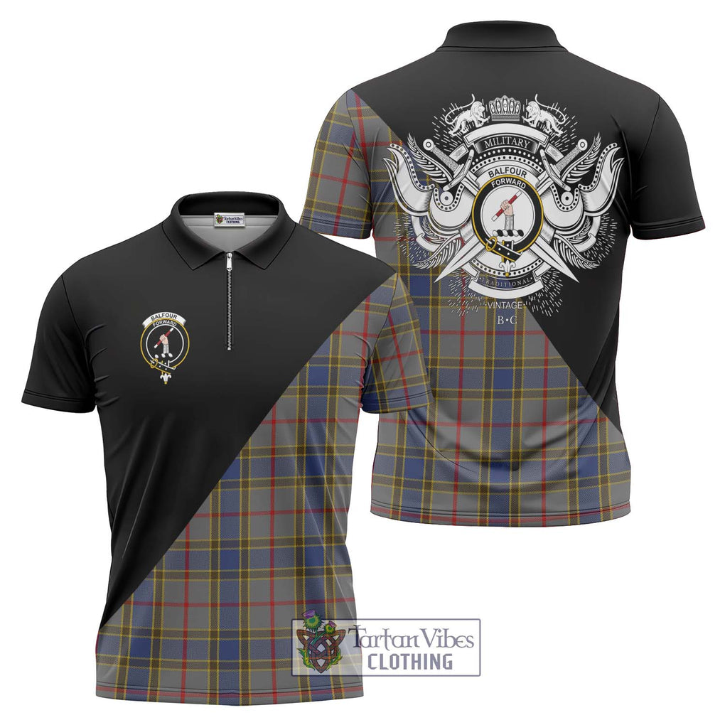 Balfour Tartan Zipper Polo Shirt with Family Crest and Military Logo Style Unisex - Tartanvibesclothing Shop