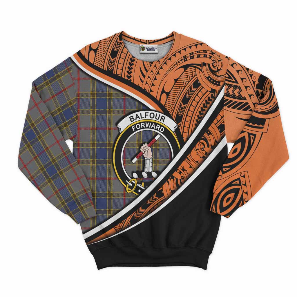 Tartan Vibes Clothing Balfour Crest Tartan Sweatshirt with Maori Tattoo Style - Orange Version