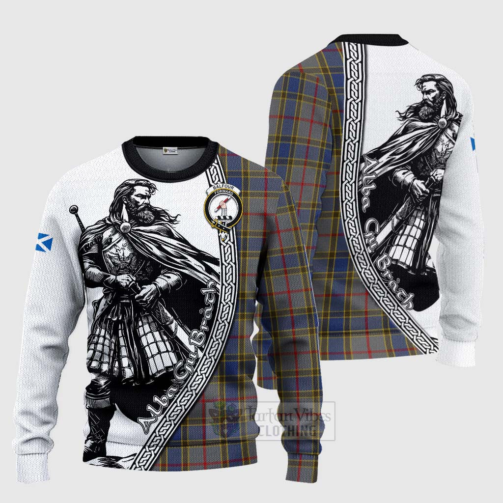 Tartan Vibes Clothing Balfour Tartan Clan Crest Knitted Sweater with Highlander Warrior Celtic Style