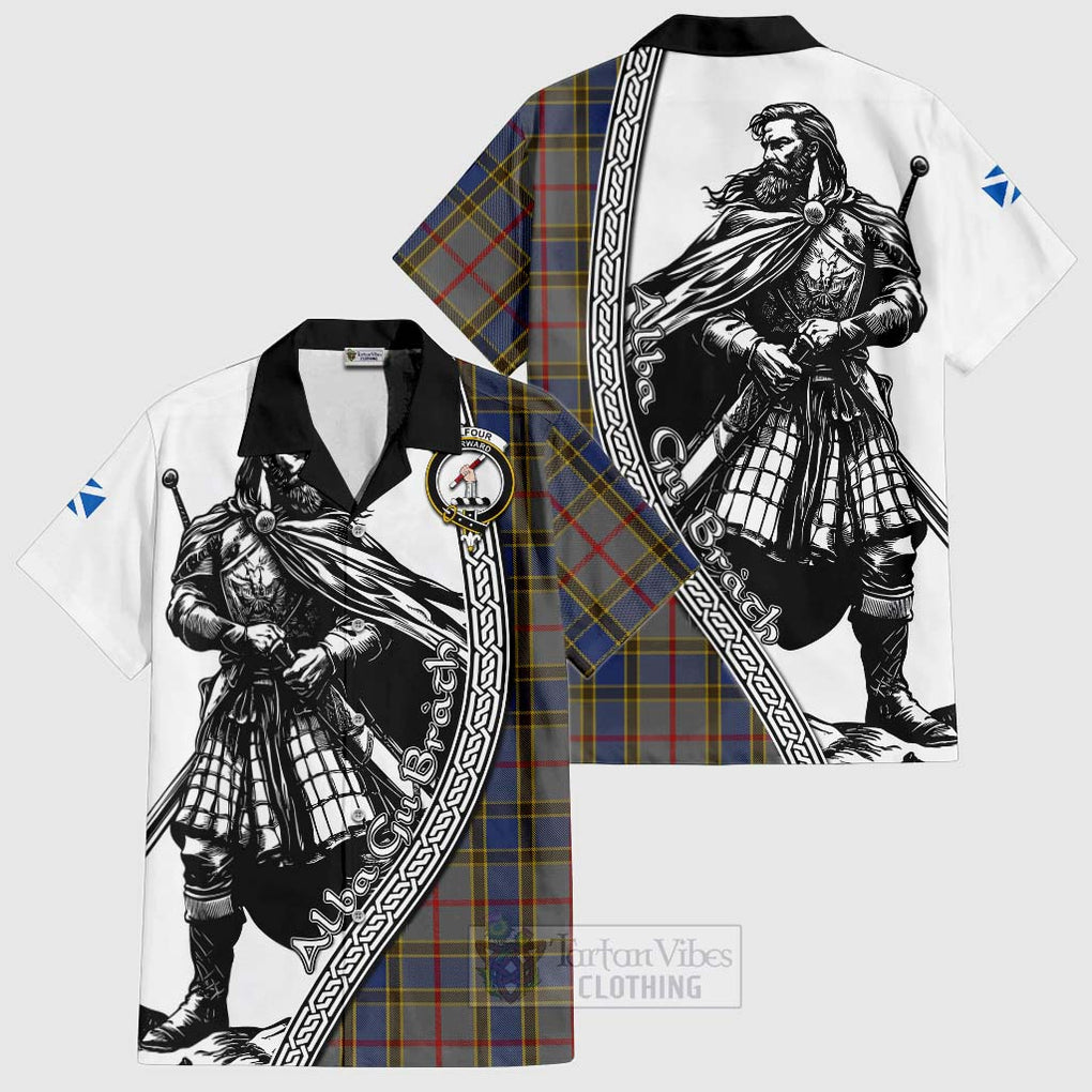 Tartan Vibes Clothing Balfour Tartan Clan Crest Short Sleeve Button Shirt with Highlander Warrior Celtic Style