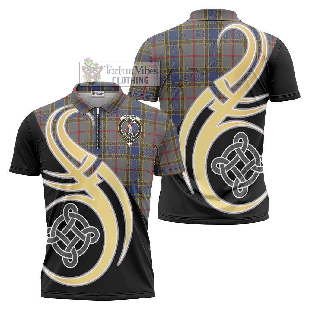 Tartan Vibes Clothing Balfour Tartan Zipper Polo Shirt with Family Crest and Celtic Symbol Style