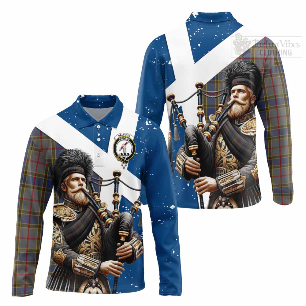 Tartan Vibes Clothing Balfour Tartan Long Sleeve Polo Shirt with Family Crest Scottish Bagpiper Vibes