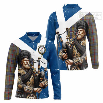 Balfour Tartan Long Sleeve Polo Shirt with Family Crest Scottish Bagpiper Vibes