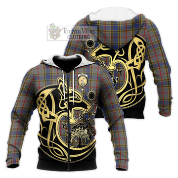 Balfour Tartan Knitted Hoodie with Family Crest Celtic Wolf Style