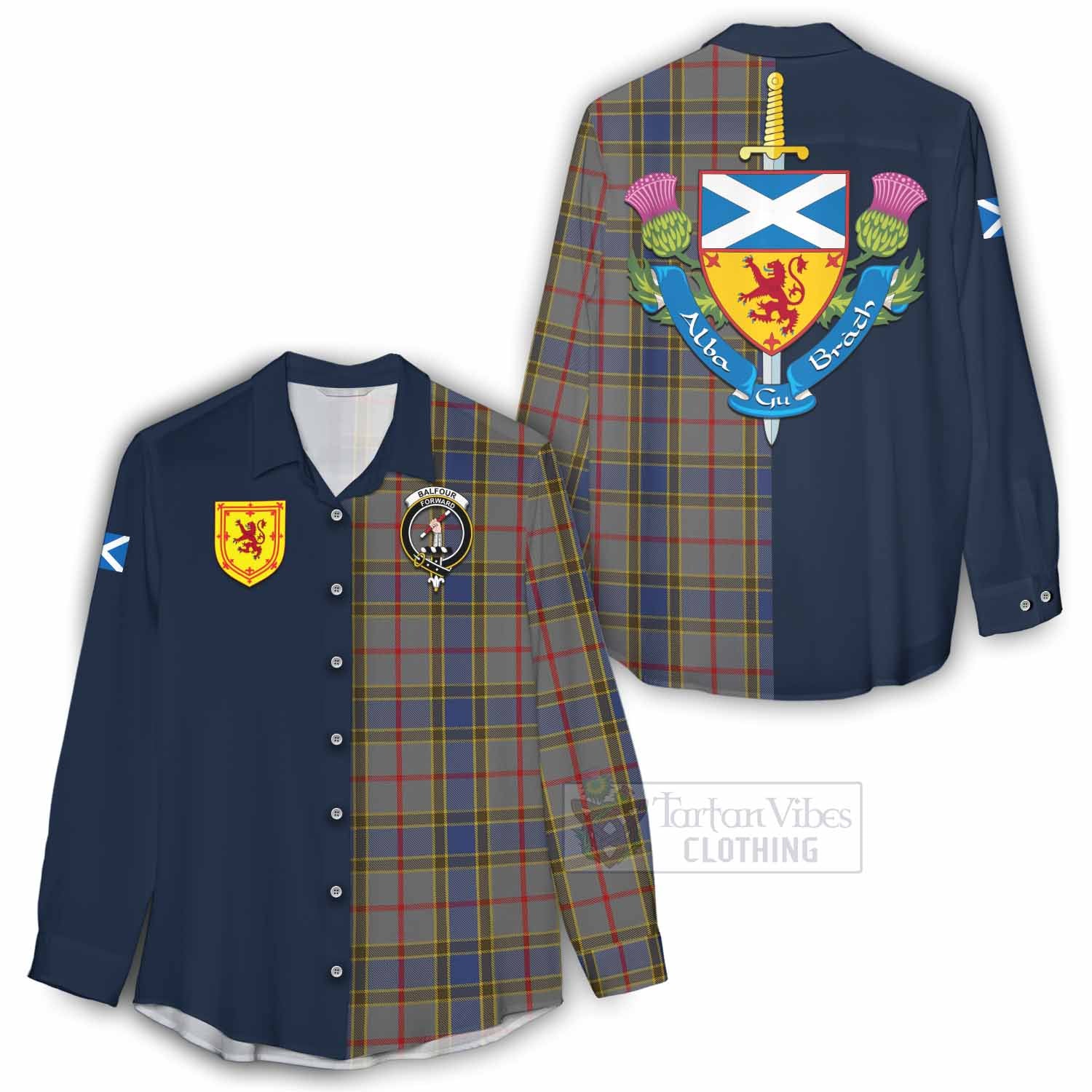 Tartan Vibes Clothing Balfour Tartan Women's Casual Shirt Alba with Scottish Lion Royal Arm Half Style