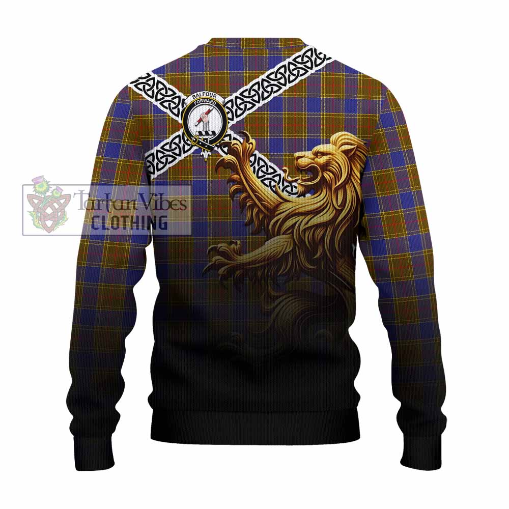 Balfour Crest Tartan Knitted Sweater with Golden Lion Emblem Celtic Style - Tartan Vibes Clothing