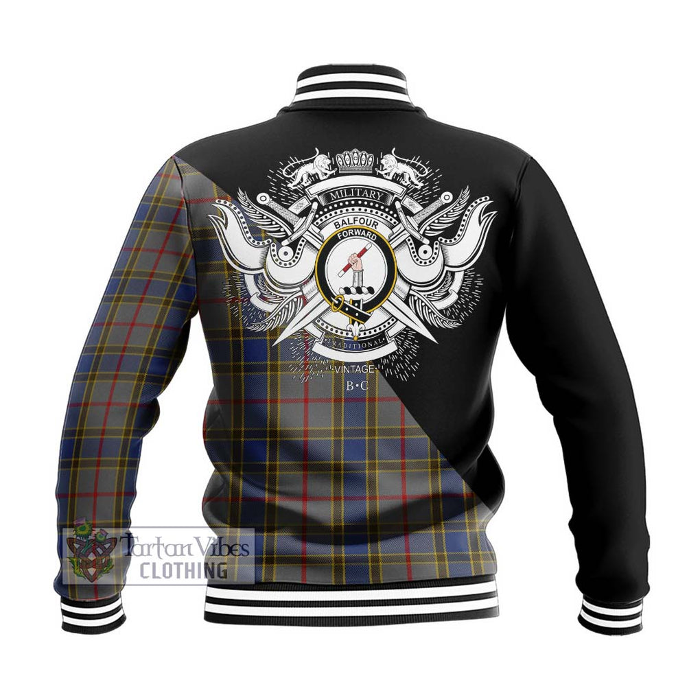 Balfour Tartan Baseball Jacket with Family Crest and Military Logo Style - Tartanvibesclothing Shop