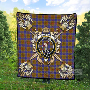 Balfour Tartan Quilt with Family Crest and Golden Thistle Crossed Sword Design