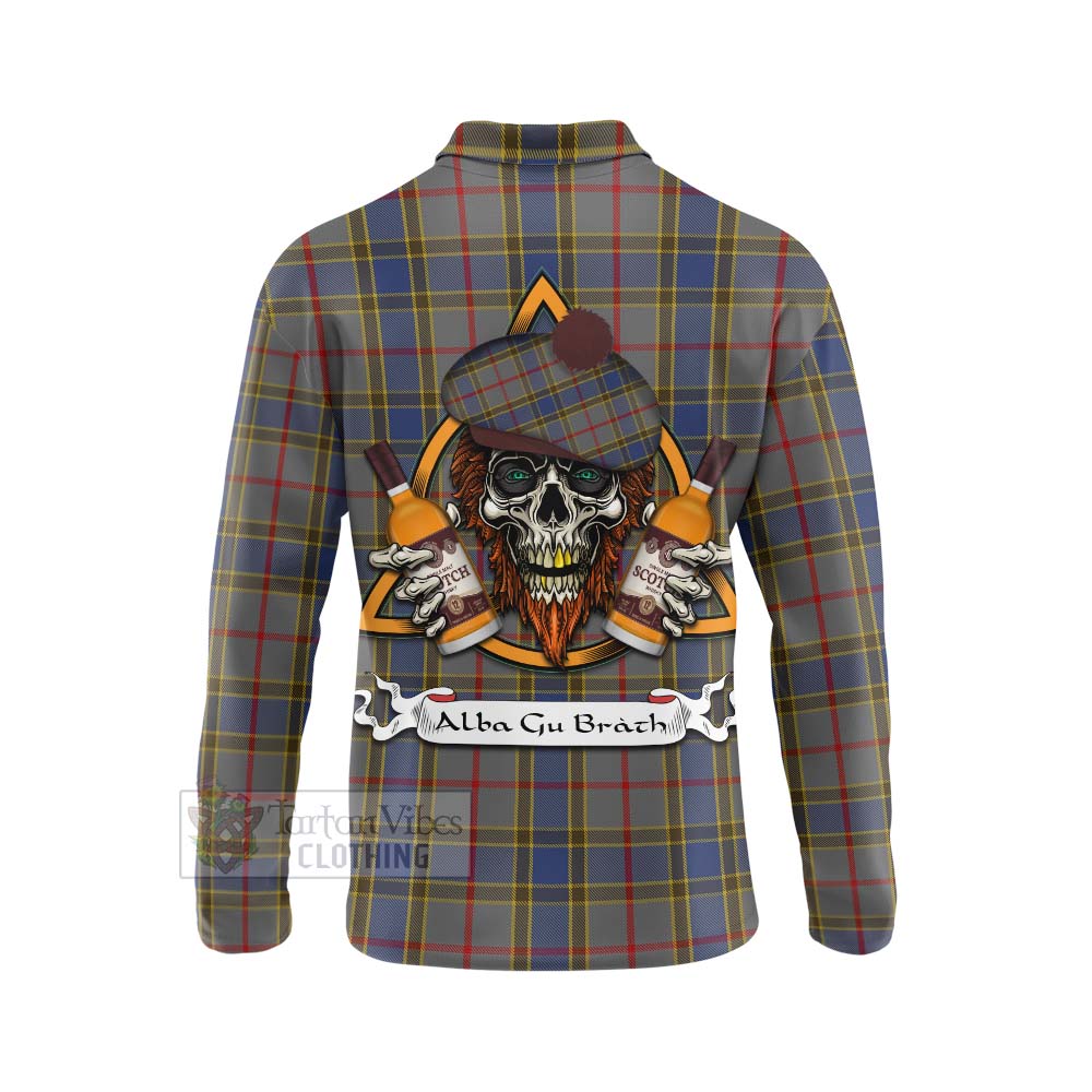 Tartan Vibes Clothing Balfour Tartan Long Sleeve Polo Shirt with Family Crest and Bearded Skull Holding Bottles of Whiskey