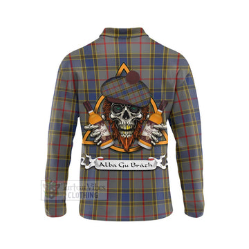 Balfour Tartan Long Sleeve Polo Shirt with Family Crest and Bearded Skull Holding Bottles of Whiskey