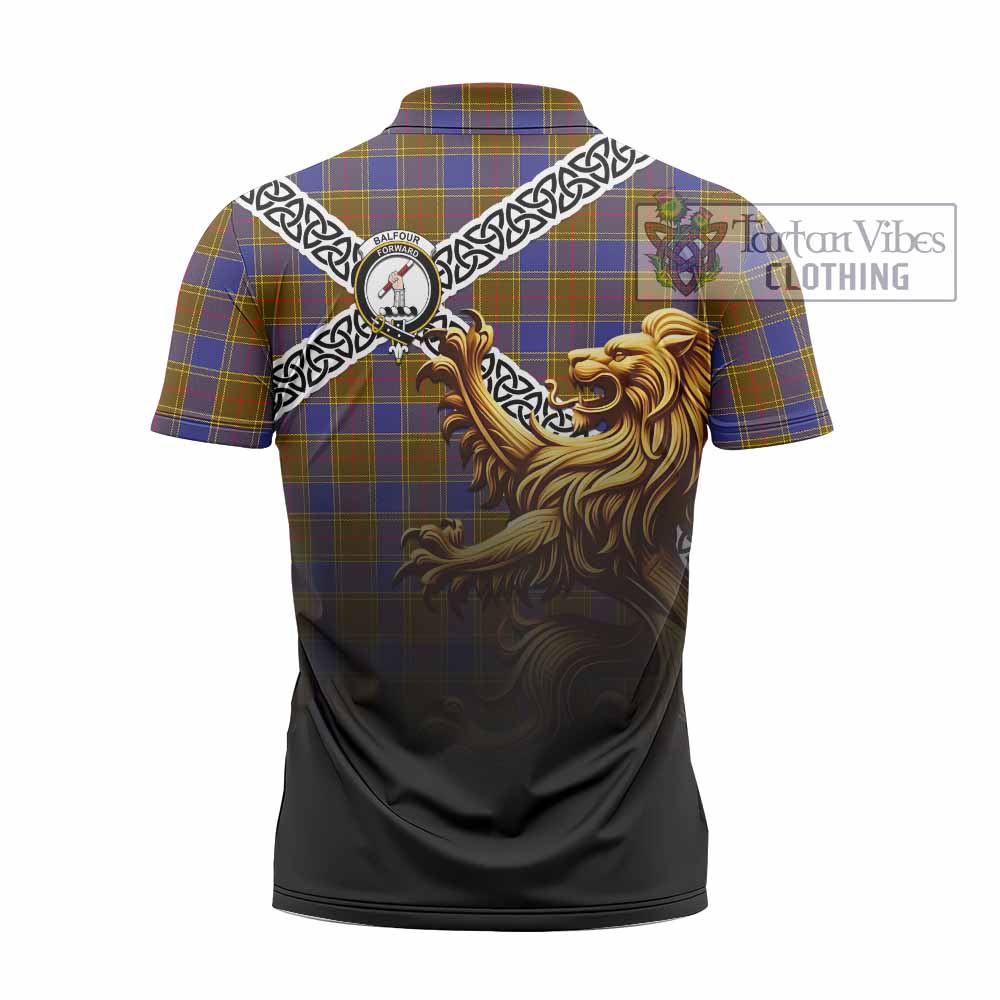 Balfour Crest Tartan Zipper Polo Shirt with Golden Lion Emblem Celtic Style - Tartan Vibes Clothing