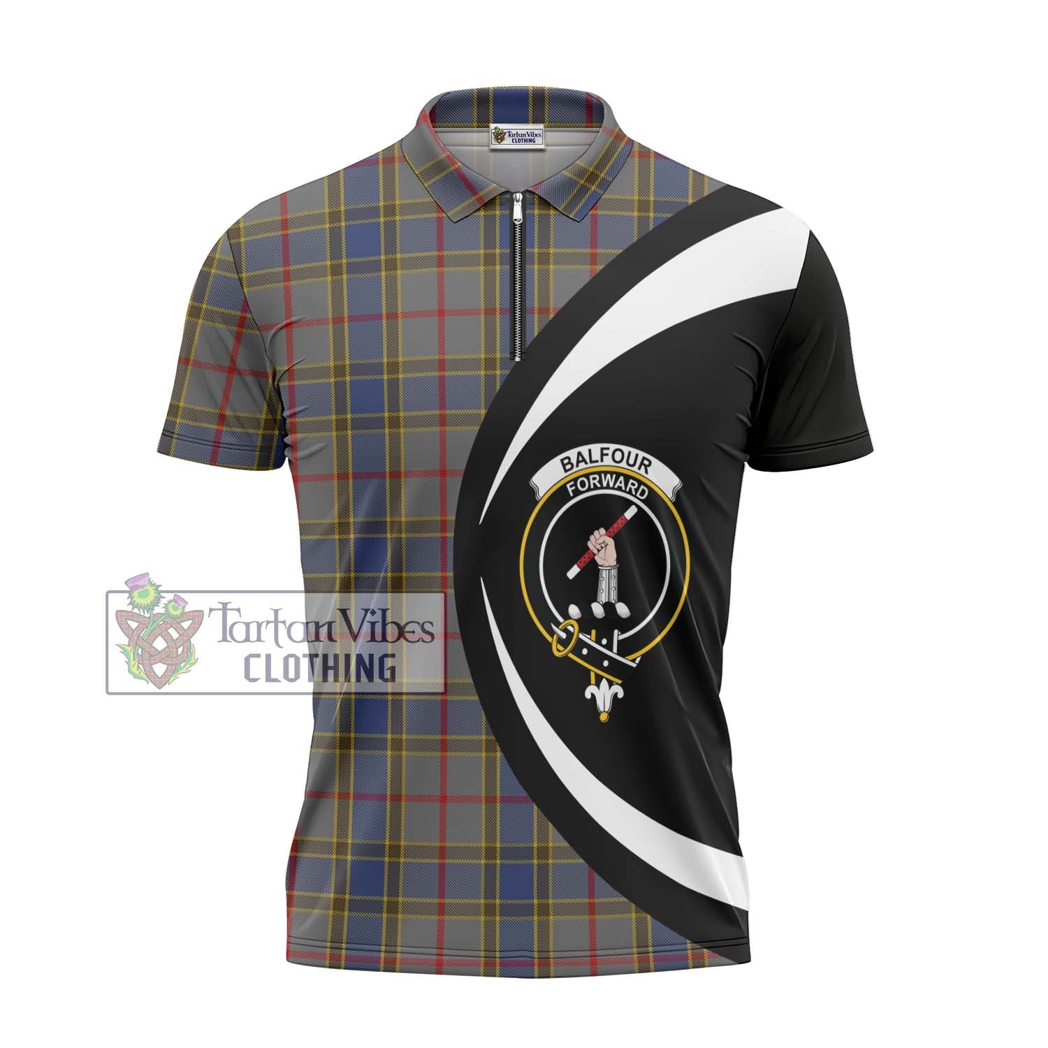 Balfour Tartan Zipper Polo Shirt with Family Crest Circle Style - Tartan Vibes Clothing
