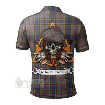 Balfour Tartan Polo Shirt with Family Crest and Bearded Skull Holding Bottles of Whiskey