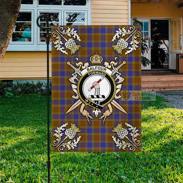 Balfour Tartan Flag with Family Crest and Golden Thistle Crossed Sword Design