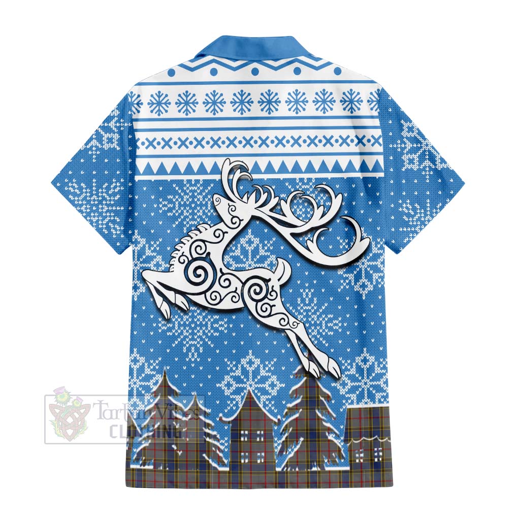 Tartan Vibes Clothing Balfour Clan Christmas Short Sleeve Button Shirt Celtic Reindeer Style