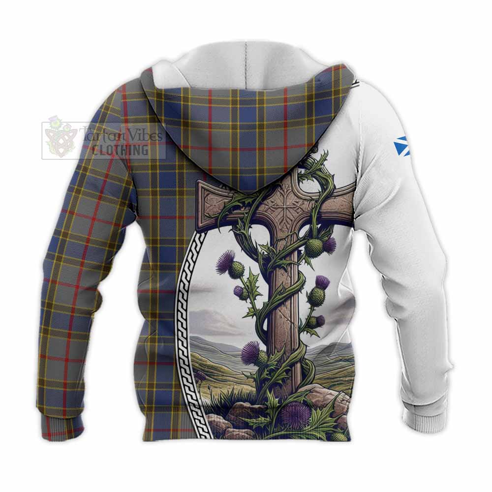 Tartan Vibes Clothing Balfour Tartan Knitted Hoodie with Family Crest and St. Andrew's Cross Accented by Thistle Vines