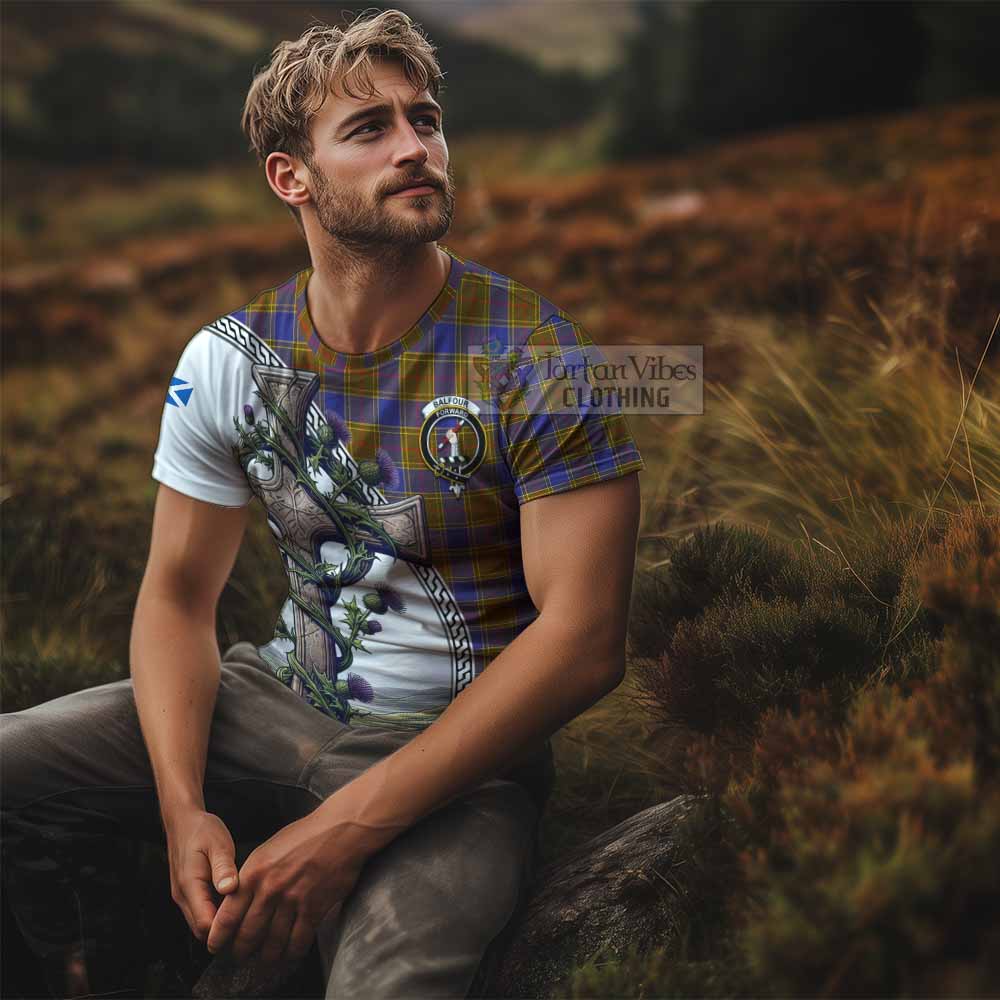 Tartan Vibes Clothing Balfour Agnew Tartan T-Shirt with Family Crest and St. Andrew's Cross Accented by Thistle Vines