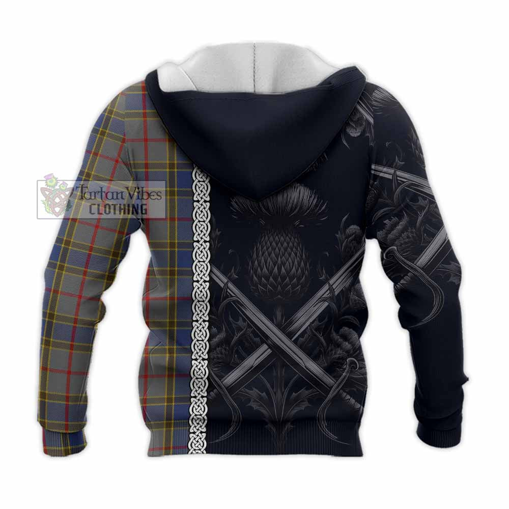 Tartan Vibes Clothing Balfour Tartan Knitted Hoodie with Family Crest Cross Sword Thistle Celtic Vibes