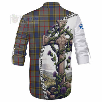 Balfour Tartan Ghillie Kilt Shirt with Family Crest and St. Andrew's Cross Accented by Thistle Vines