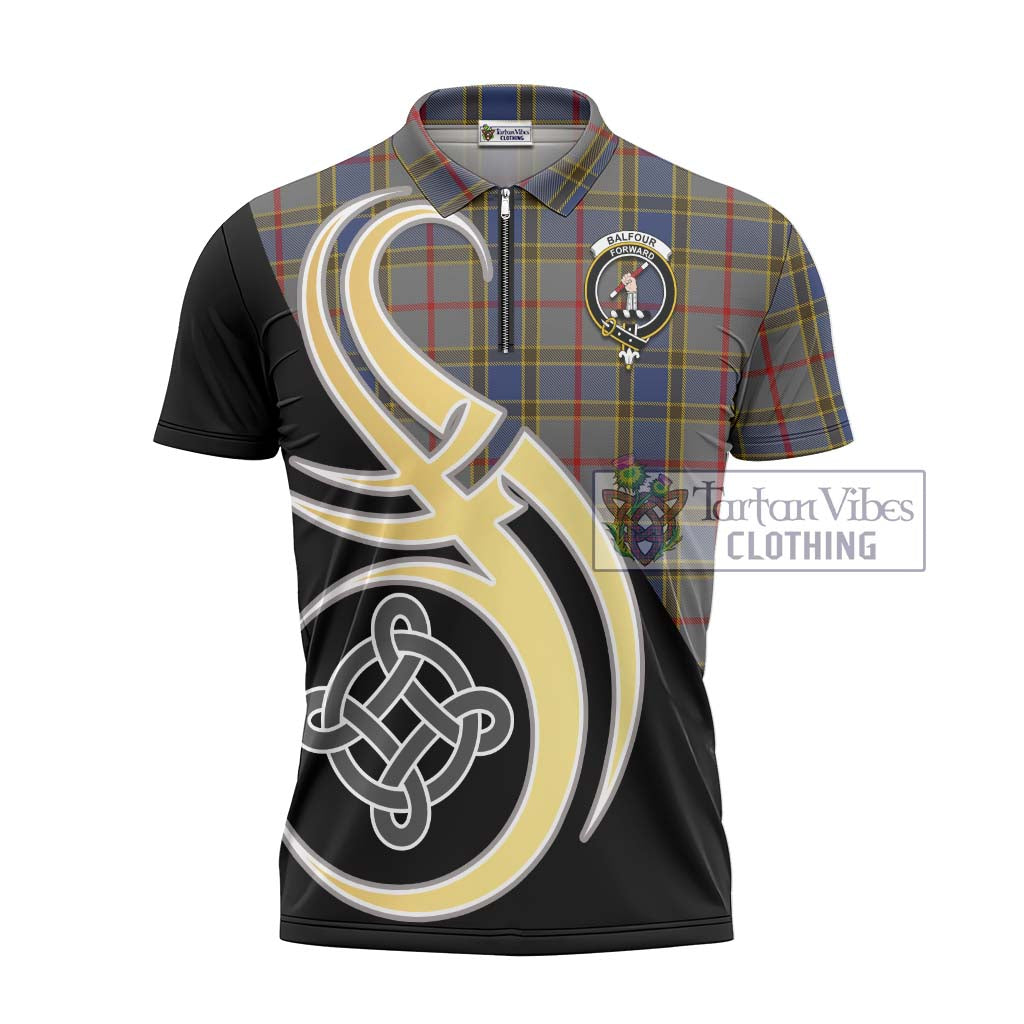 Tartan Vibes Clothing Balfour Tartan Zipper Polo Shirt with Family Crest and Celtic Symbol Style