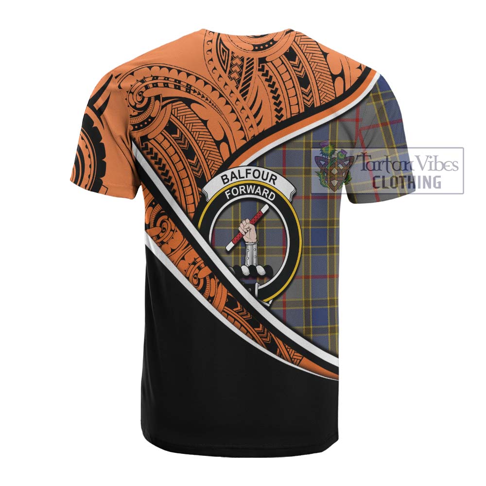 Tartan Vibes Clothing Balfour Crest Tartan Cotton T-shirt with Maori Tattoo Style - Orange Version