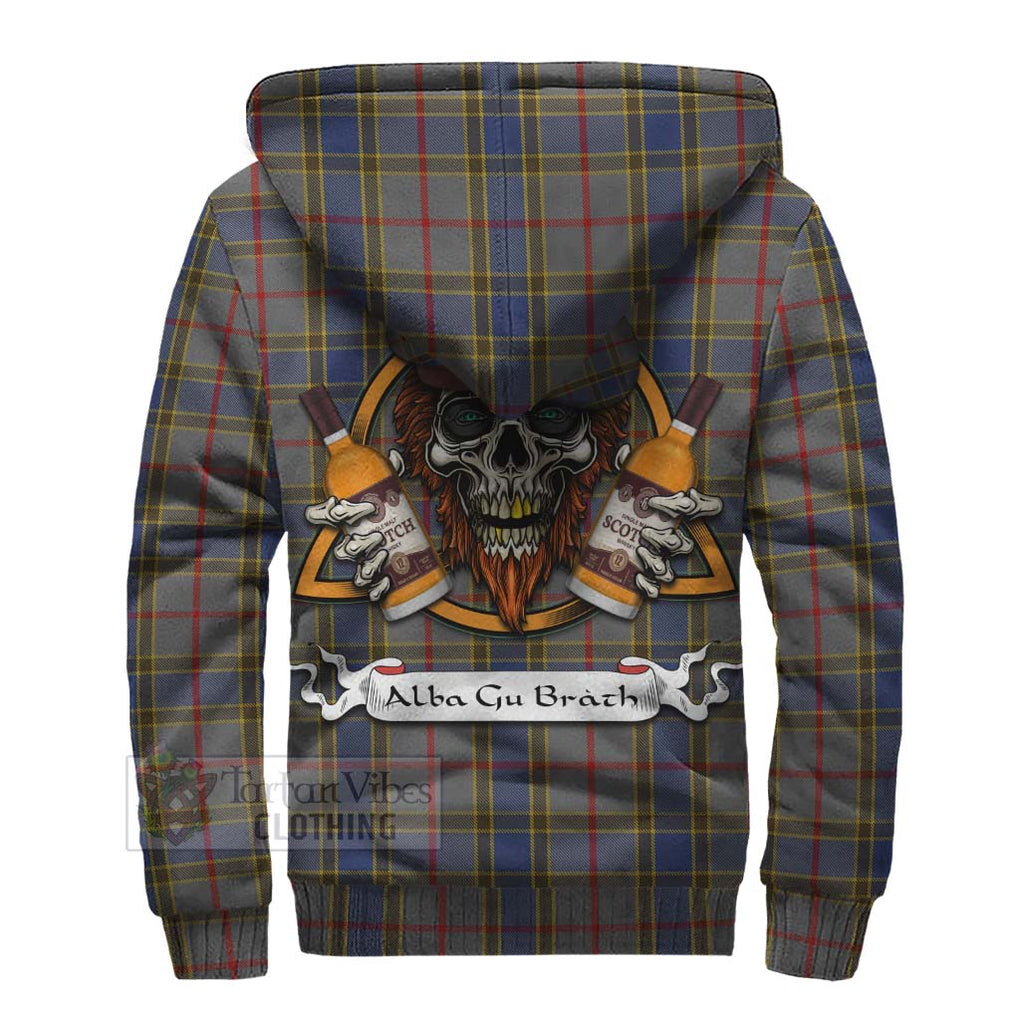 Tartan Vibes Clothing Balfour Tartan Sherpa Hoodie with Family Crest and Bearded Skull Holding Bottles of Whiskey