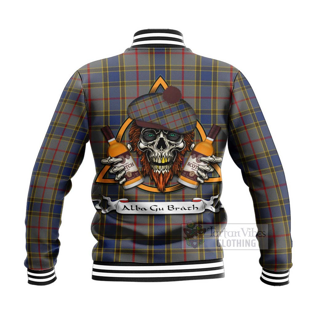 Tartan Vibes Clothing Balfour Tartan Baseball Jacket with Family Crest and Bearded Skull Holding Bottles of Whiskey