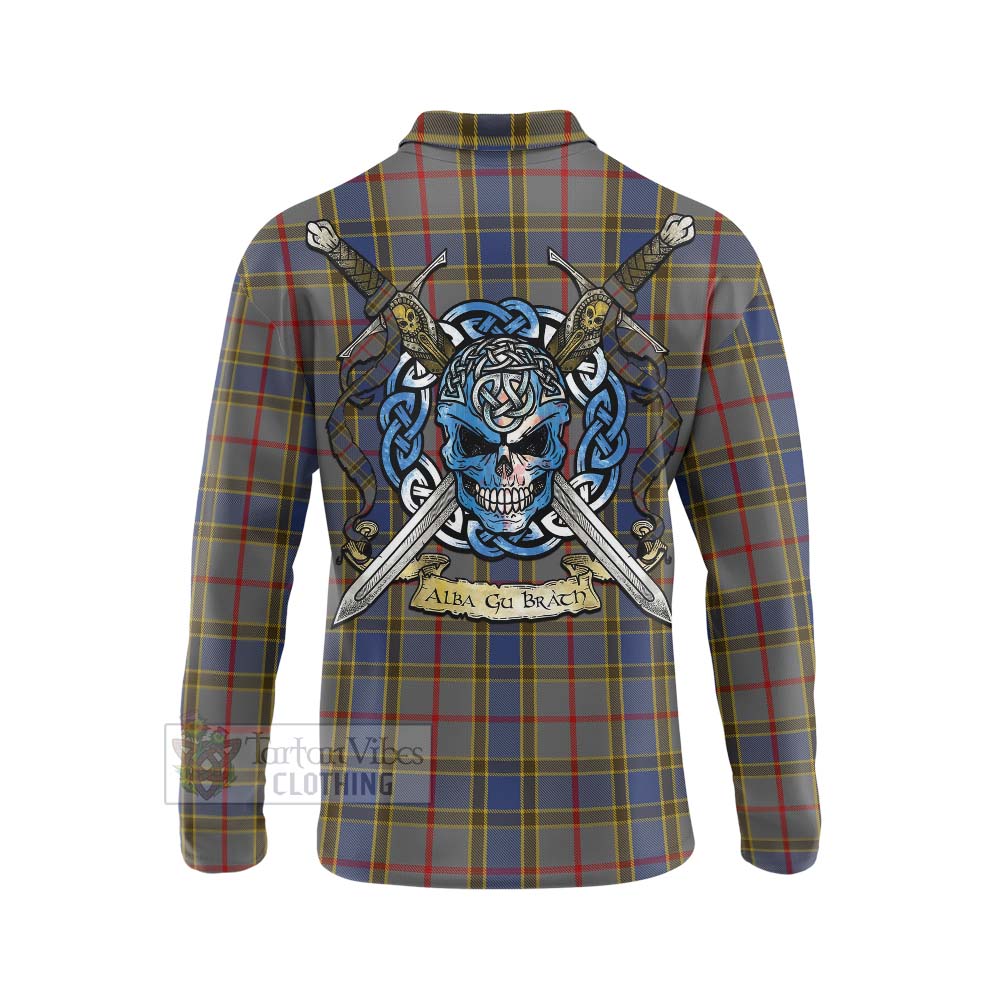 Tartan Vibes Clothing Balfour Tartan Long Sleeve Polo Shirt with Family Crest Celtic Skull Style