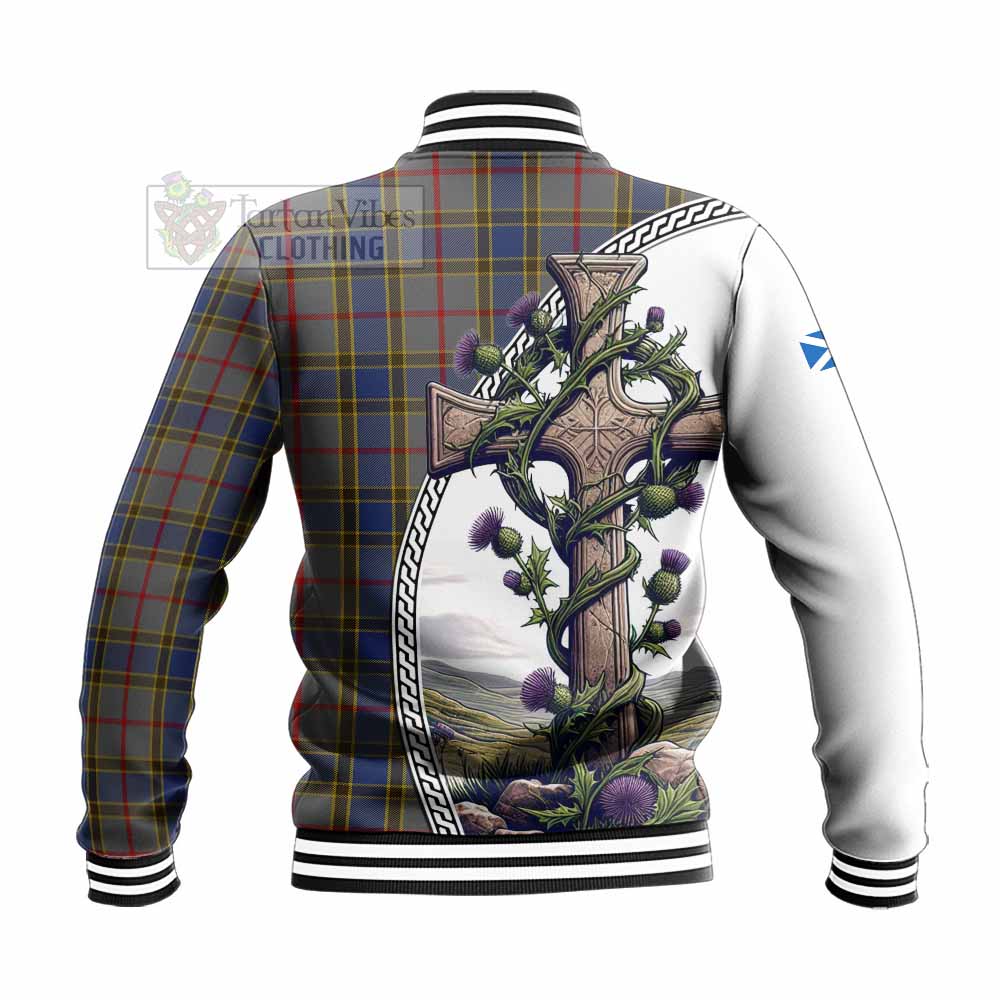 Tartan Vibes Clothing Balfour Tartan Baseball Jacket with Family Crest and St. Andrew's Cross Accented by Thistle Vines