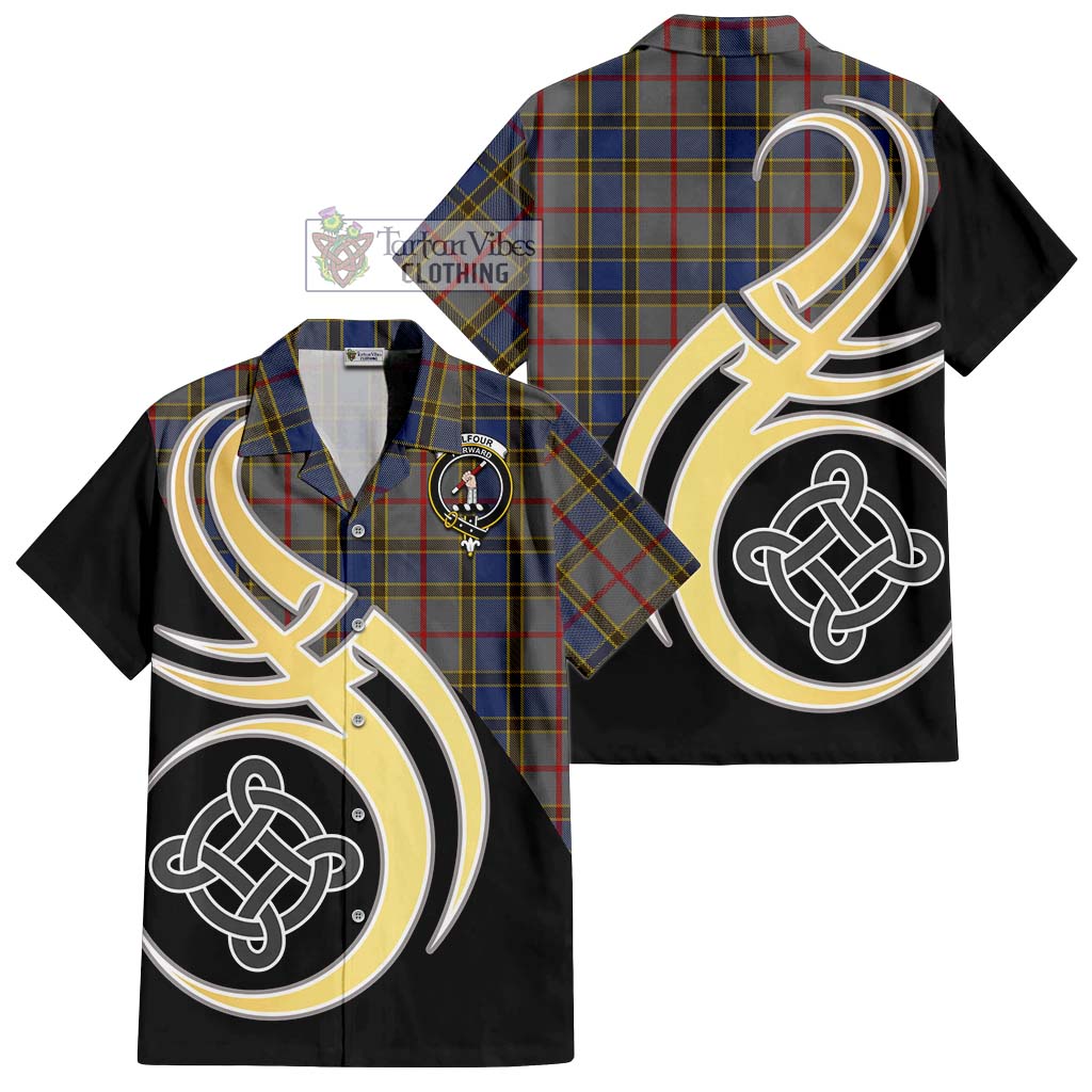 Balfour Tartan Short Sleeve Button Shirt with Family Crest and Celtic Symbol Style - Tartan Vibes Clothing