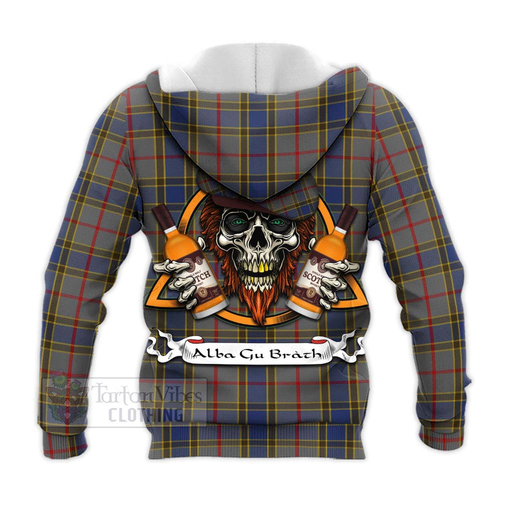 Tartan Vibes Clothing Balfour Tartan Knitted Hoodie with Family Crest and Bearded Skull Holding Bottles of Whiskey