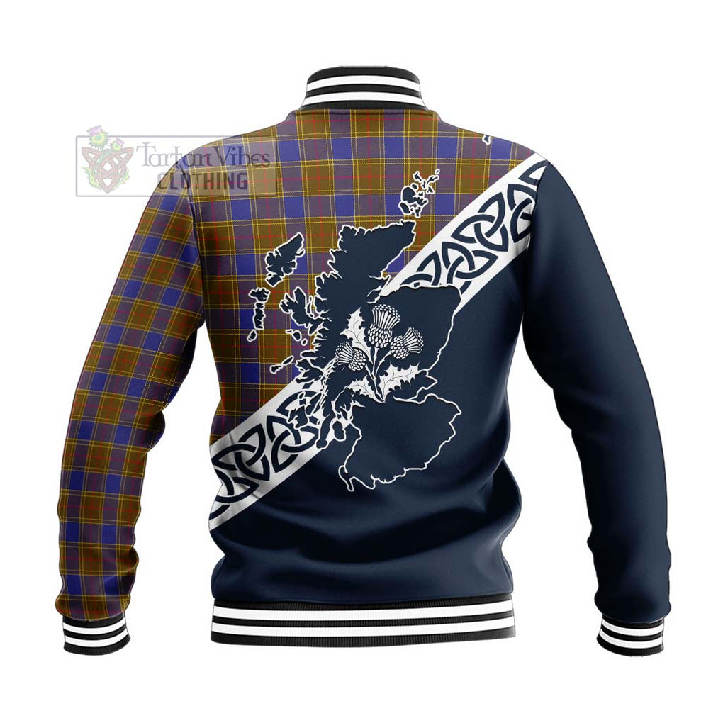 Tartan Vibes Clothing Balfour Tartan Baseball Jacket Featuring Thistle and Scotland Map