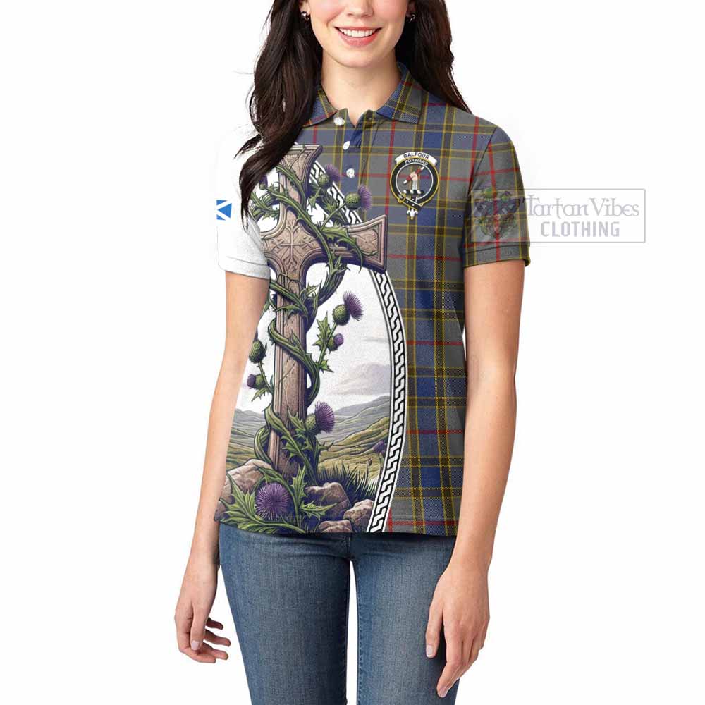 Tartan Vibes Clothing Balfour Tartan Women's Polo Shirt with Family Crest and St. Andrew's Cross Accented by Thistle Vines