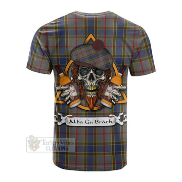 Balfour Tartan Cotton T-shirt with Family Crest and Bearded Skull Holding Bottles of Whiskey