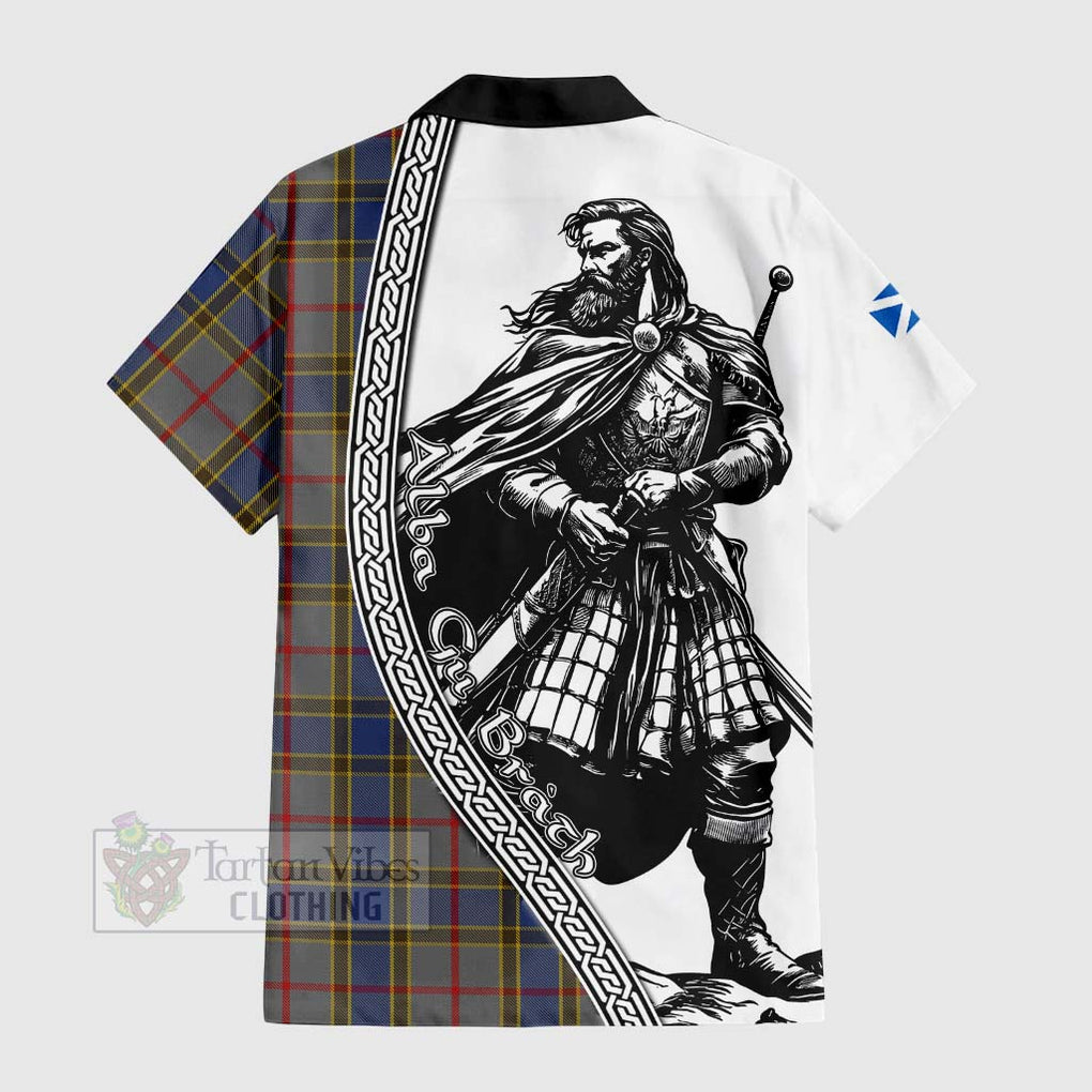 Tartan Vibes Clothing Balfour Tartan Clan Crest Short Sleeve Button Shirt with Highlander Warrior Celtic Style