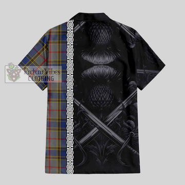 Balfour Tartan Short Sleeve Button Shirt with Family Crest Cross Sword Thistle Celtic Vibes