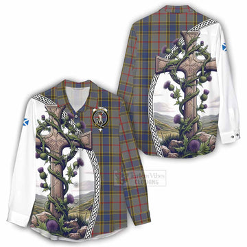 Balfour Tartan Women's Casual Shirt with Family Crest and St. Andrew's Cross Accented by Thistle Vines