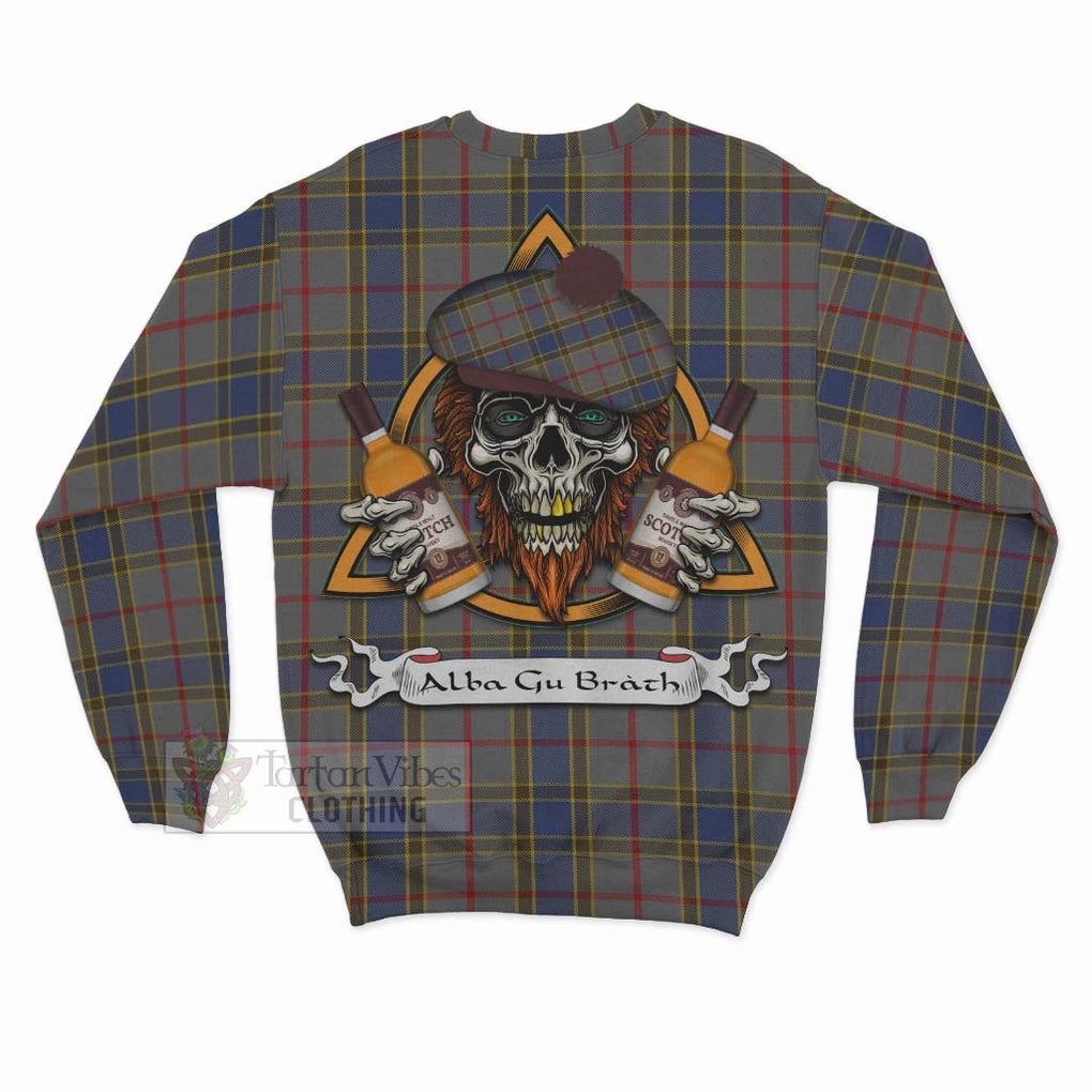 Tartan Vibes Clothing Balfour Tartan Sweatshirt with Family Crest and Bearded Skull Holding Bottles of Whiskey