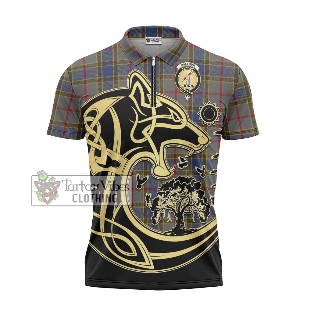 Balfour Tartan Zipper Polo Shirt with Family Crest Celtic Wolf Style - Tartanvibesclothing Shop