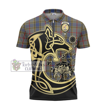 Balfour Tartan Zipper Polo Shirt with Family Crest Celtic Wolf Style