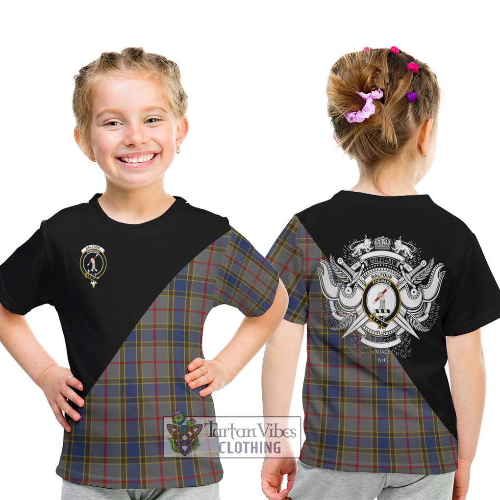 Balfour Tartan Kid T-Shirt with Family Crest and Military Logo Style - Tartanvibesclothing Shop