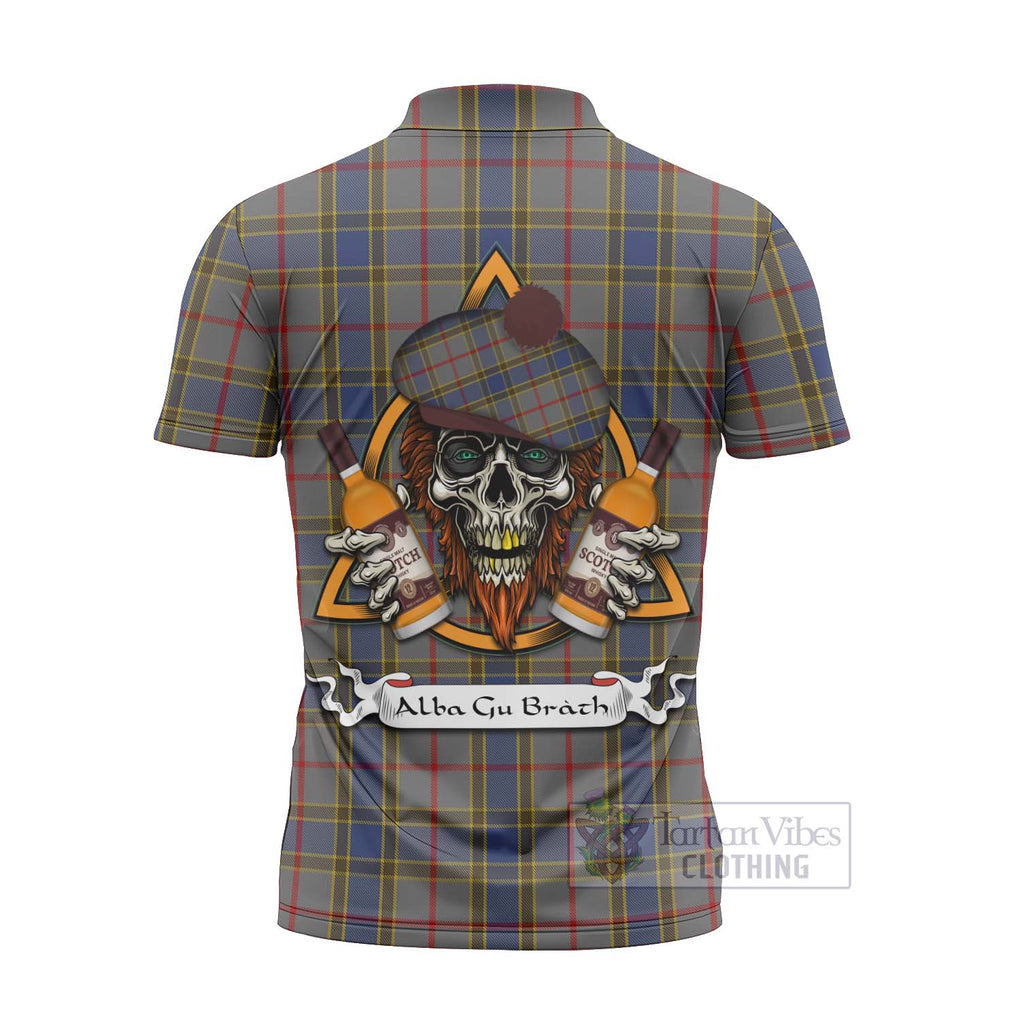 Tartan Vibes Clothing Balfour Tartan Zipper Polo Shirt with Family Crest and Bearded Skull Holding Bottles of Whiskey