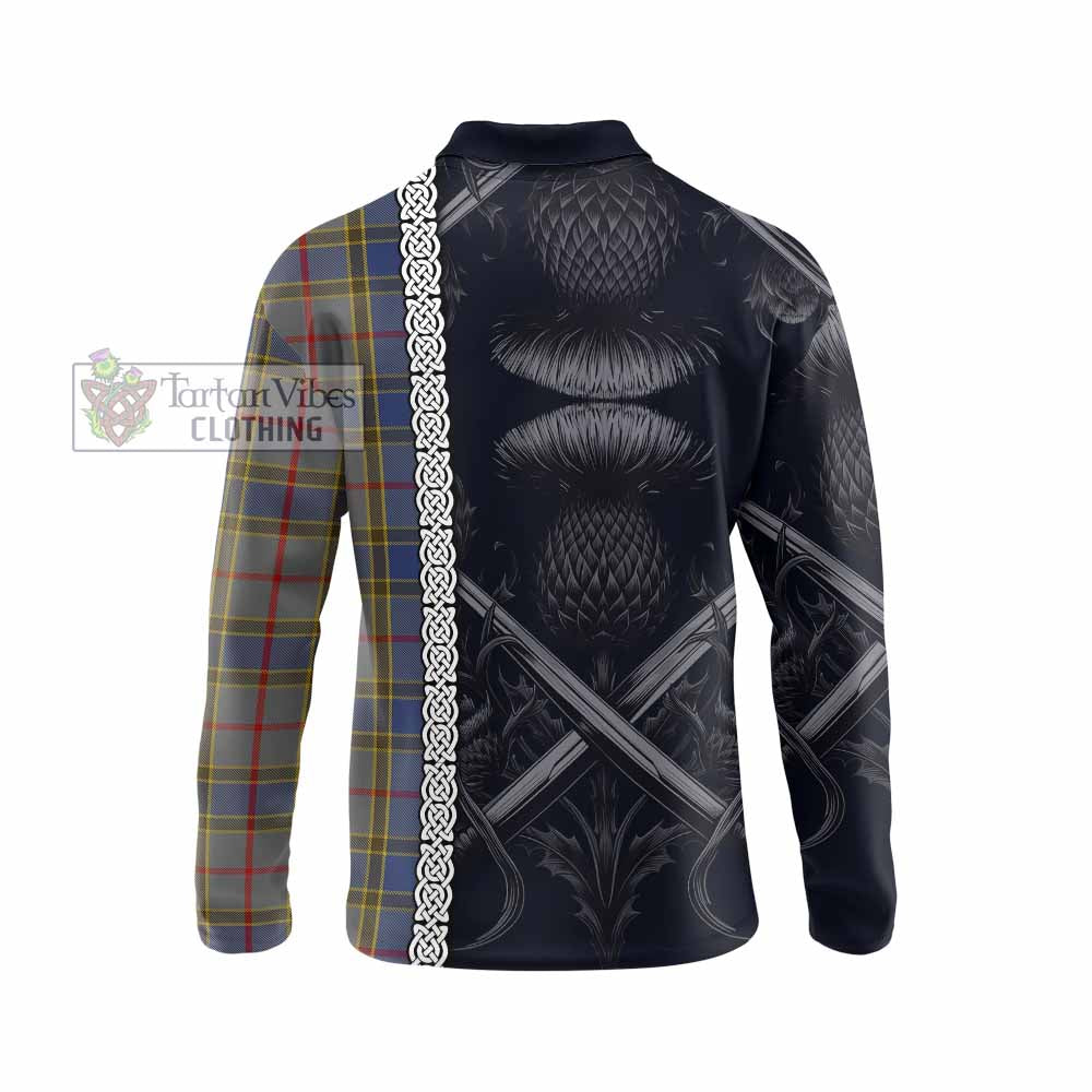 Tartan Vibes Clothing Balfour Tartan Long Sleeve Polo Shirt with Family Crest Cross Sword Thistle Celtic Vibes