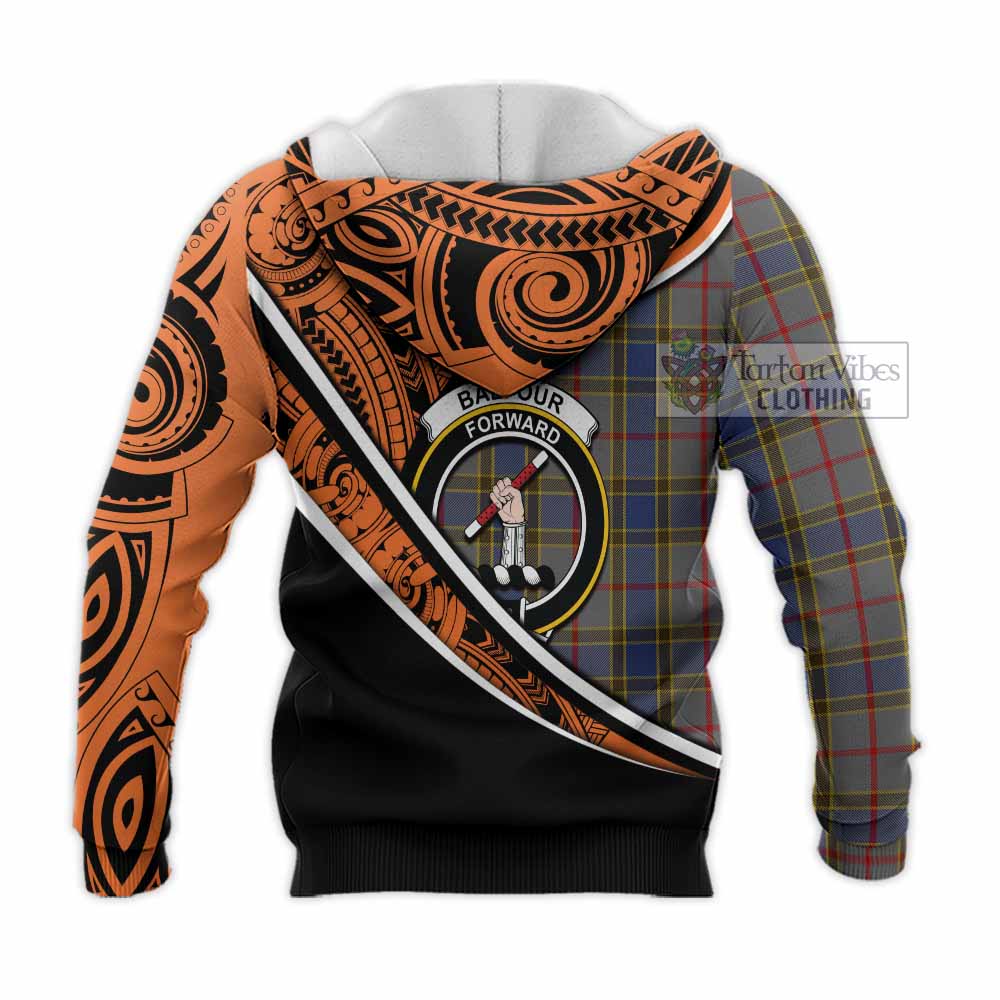 Tartan Vibes Clothing Balfour Crest Tartan Knitted Hoodie with Maori Tattoo Style - Orange Version