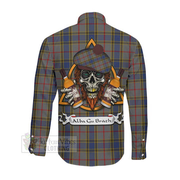 Balfour Tartan Long Sleeve Button Shirt with Family Crest and Bearded Skull Holding Bottles of Whiskey Men's Shirt - Tartan Vibes Clothing