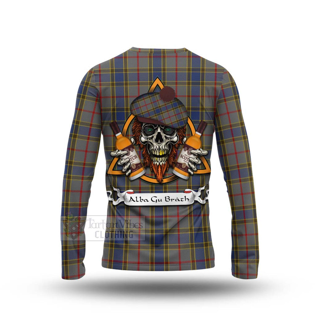 Tartan Vibes Clothing Balfour Tartan Long Sleeve T-Shirt with Family Crest and Bearded Skull Holding Bottles of Whiskey