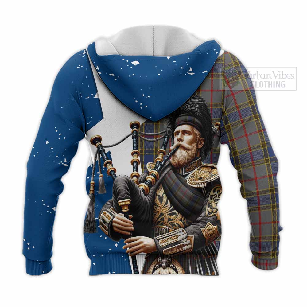 Tartan Vibes Clothing Balfour Tartan Knitted Hoodie with Family Crest Scottish Bagpiper Vibes