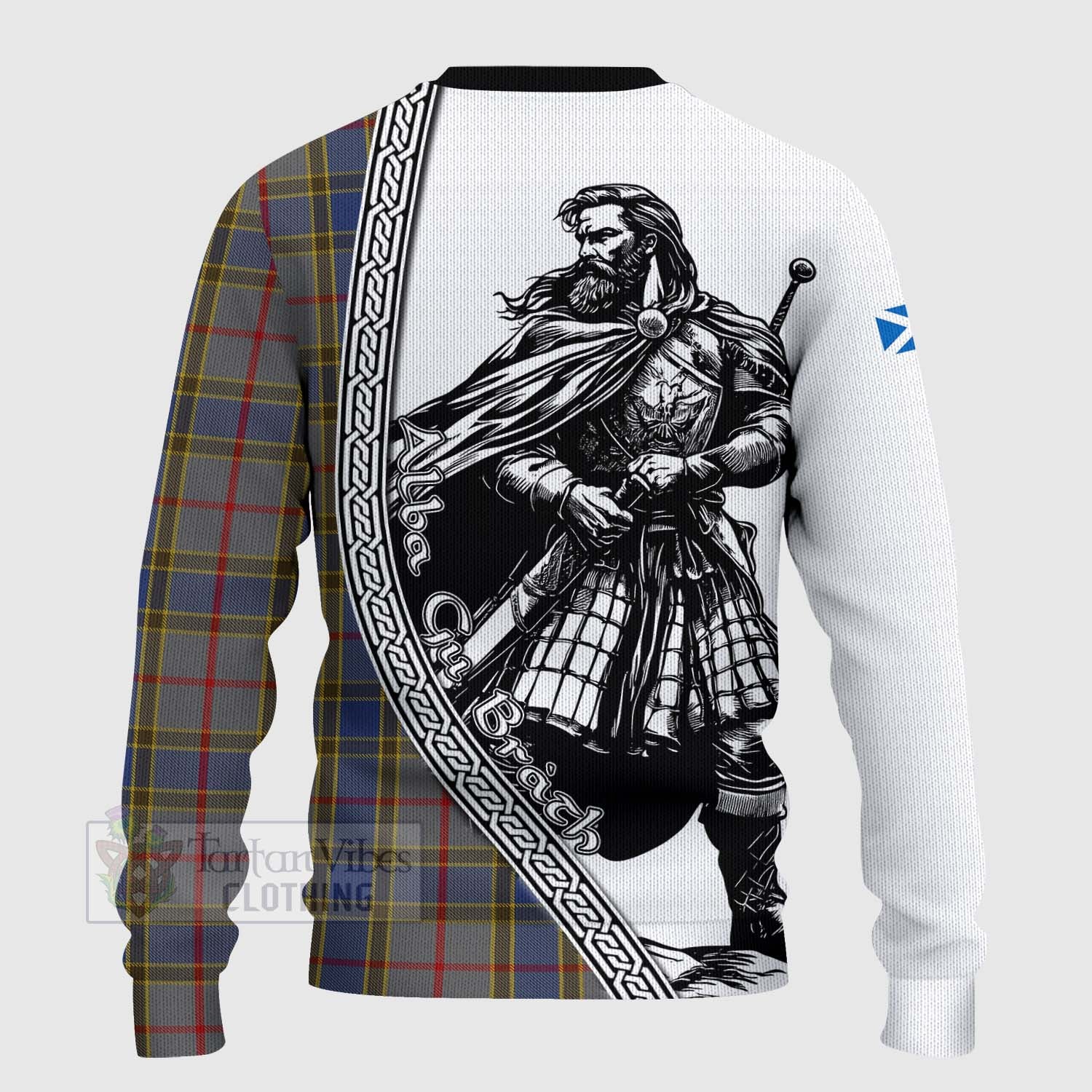 Tartan Vibes Clothing Balfour Tartan Clan Crest Knitted Sweater with Highlander Warrior Celtic Style