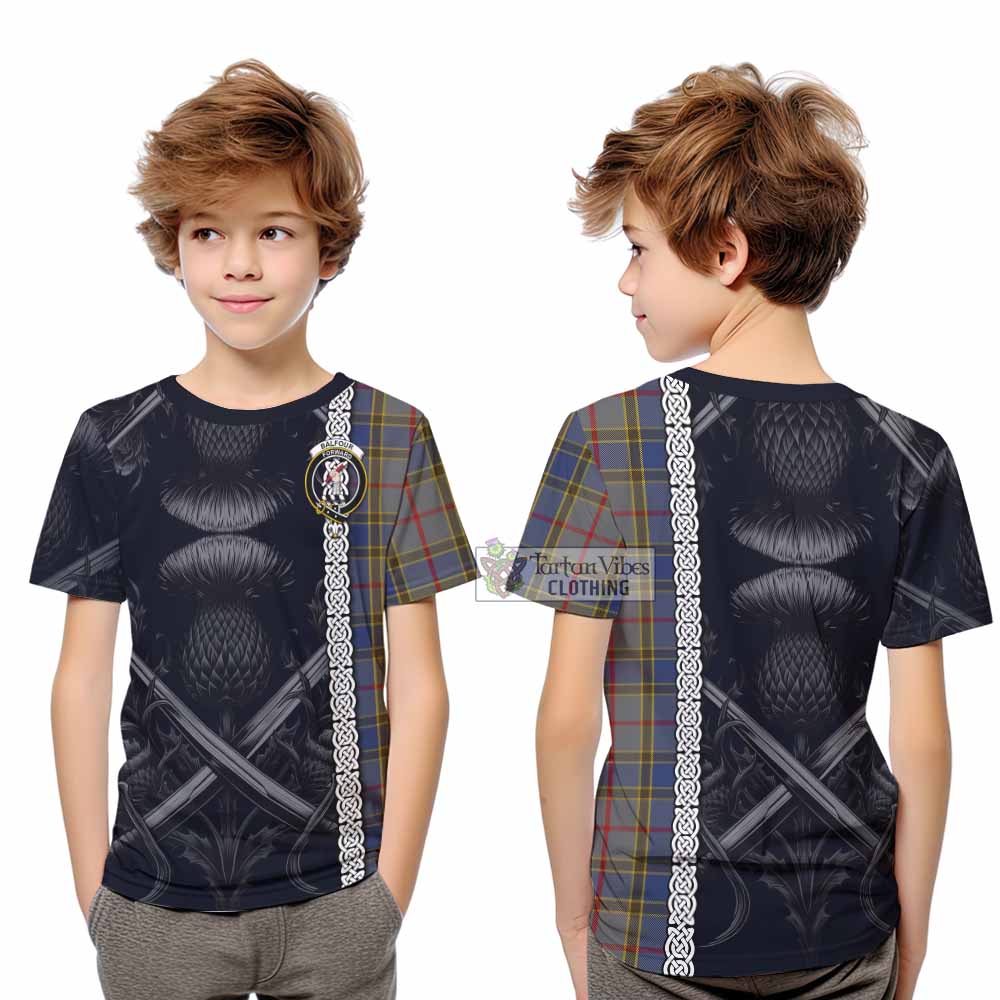 Tartan Vibes Clothing Balfour Tartan Kid T-Shirt with Family Crest Cross Sword Thistle Celtic Vibes